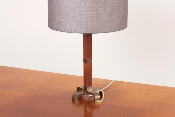 Wooden Table Lamp with Grey Lampshade, 1950s-SFD-1092539