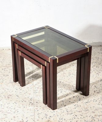 Wooden Triptych Coffee Tables with Glass Top, 1980s, Set of 3-RAQ-743228