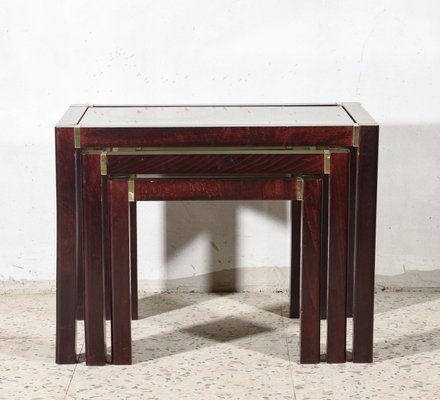 Wooden Triptych Coffee Tables with Glass Top, 1980s, Set of 3-RAQ-743228