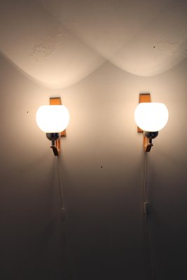 Wooden Wall Lamps with Glass Shades attributed to Drevo Humpolec, Former Czechoslovkia, 1960s, Set of 2-TZ-2018697