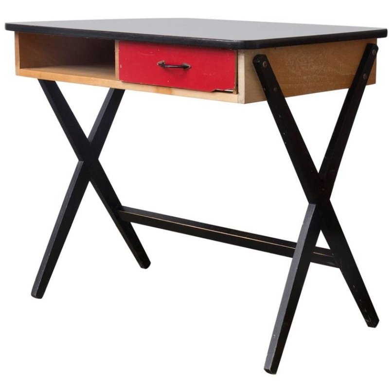 Wooden Writing Desk with Red Drawer and Formica Top by Coen de Vries for Devo, 1960s