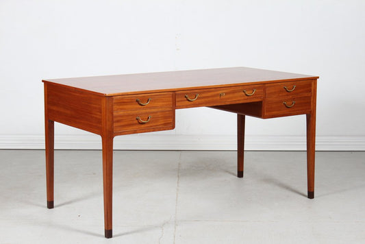 Writing Desk of Mahogany and Oak with 5 Drawers with Handles of Brass by A.J. Iversen for Ole Wanscher, Denmark, 1950s