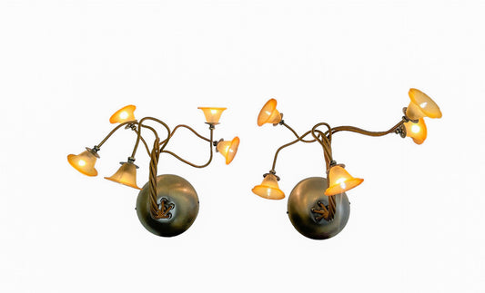 Wrought Brass & Iron Flower Shaped Wall Lamps, 1970s, Set of 2