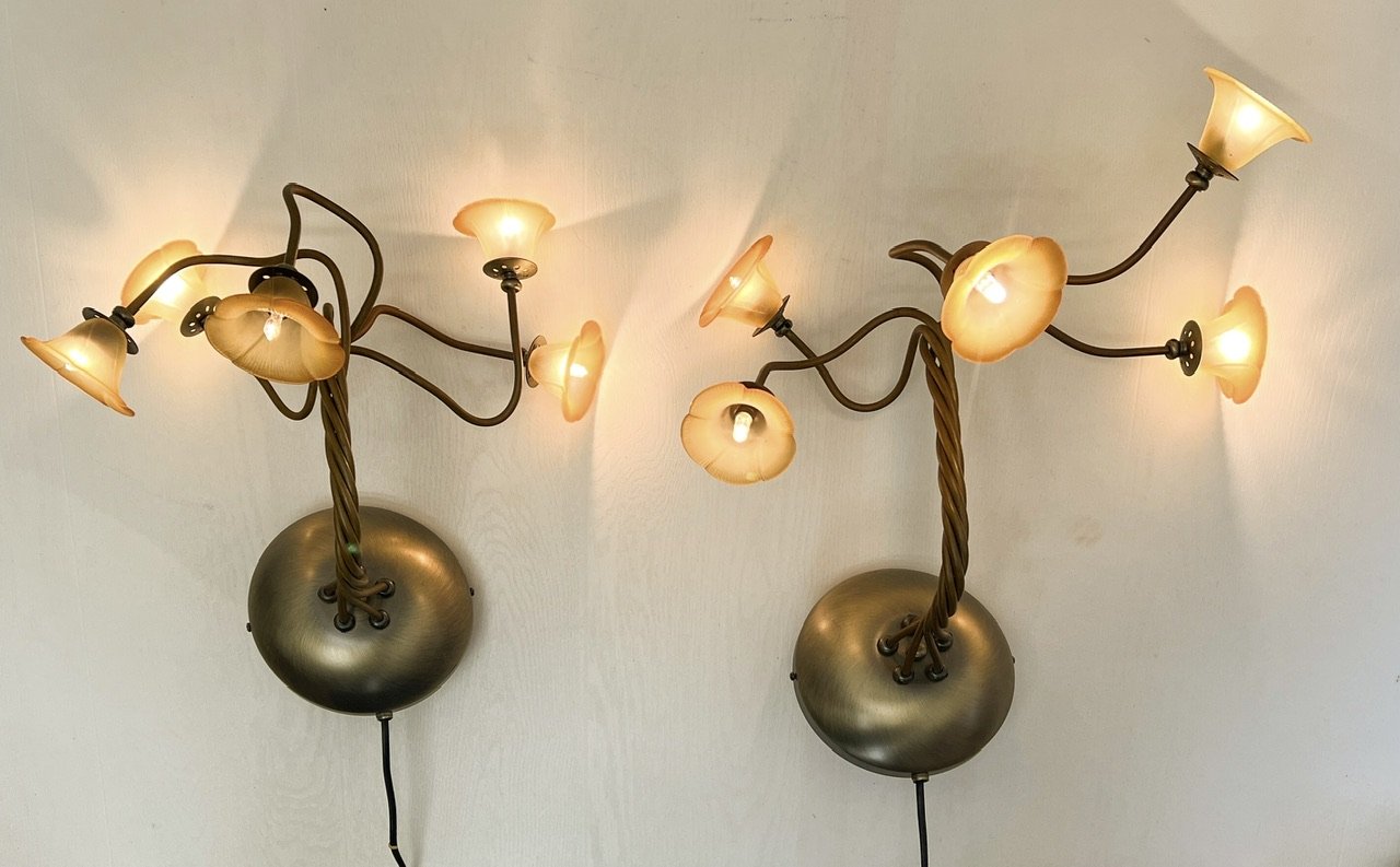 Wrought Brass & Iron Flower Shaped Wall Lamps, 1970s, Set of 2