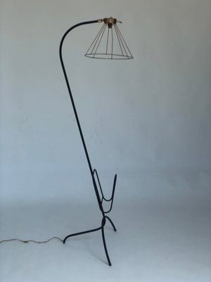 Wrought Iron and Brass Floor Lamp with Magazine Holder, 1960s-SSK-671862