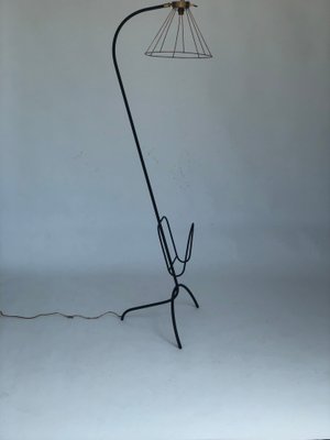 Wrought Iron and Brass Floor Lamp with Magazine Holder, 1960s-SSK-671862