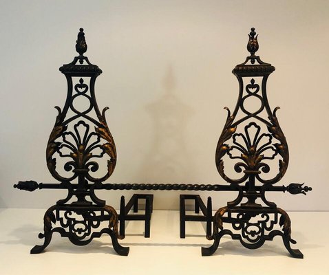 Wrought Iron and Gilt Iron Andirons with Twisted Bar, France, 1940s, Set of 2-BA-874687