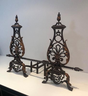 Wrought Iron and Gilt Iron Andirons with Twisted Bar, France, 1940s, Set of 2-BA-874687