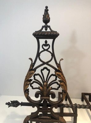 Wrought Iron and Gilt Iron Andirons with Twisted Bar, France, 1940s, Set of 2-BA-874687