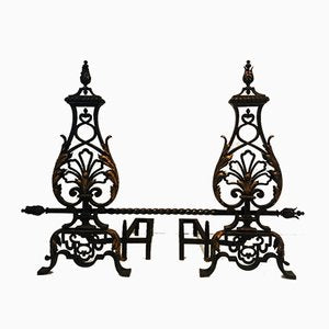 Wrought Iron and Gilt Iron Andirons with Twisted Bar, France, 1940s, Set of 2-BA-874687