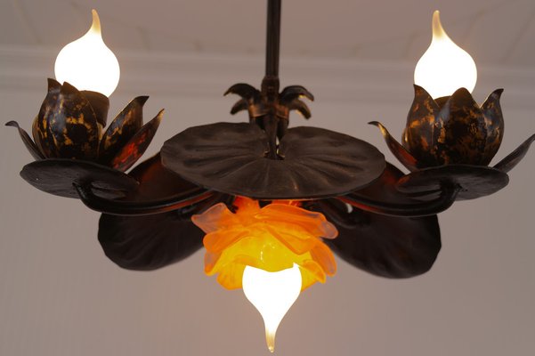 Wrought Iron and Glass Water Lily Chandelier-KEG-956521