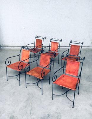 Wrought Iron and Leather Swirl Dining Chairs, Spain, 1960s, Set of 6-RQV-1348283