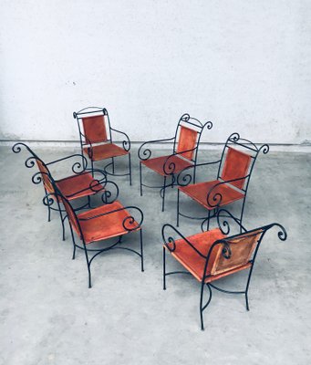 Wrought Iron and Leather Swirl Dining Chairs, Spain, 1960s, Set of 6-RQV-1348283