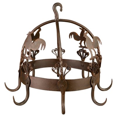 Wrought Iron and Metal Rooster Hanging Pot Rack-KEG-1086386