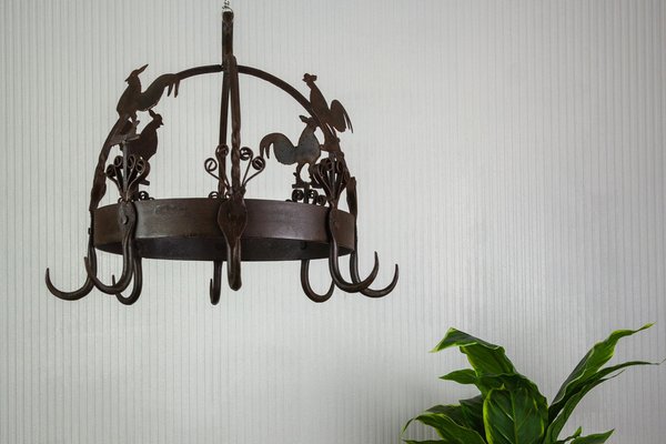 Wrought Iron and Metal Rooster Hanging Pot Rack-KEG-1086386