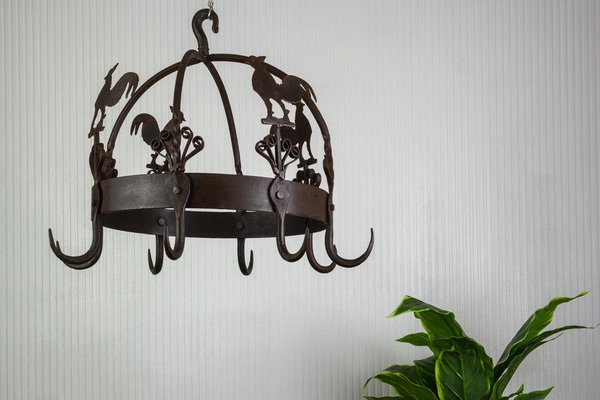 Wrought Iron and Metal Rooster Hanging Pot Rack-KEG-1086386