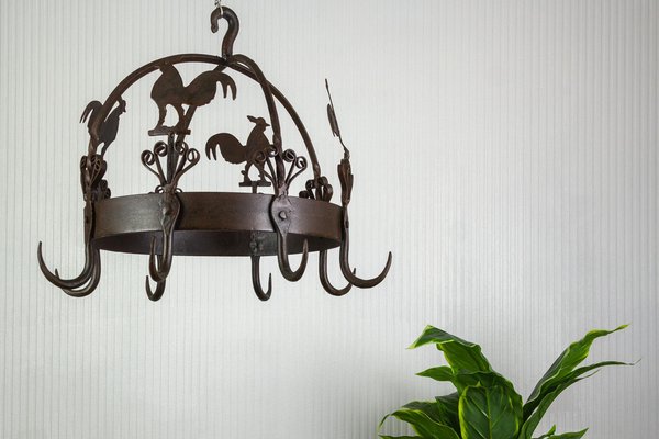 Wrought Iron and Metal Rooster Hanging Pot Rack-KEG-1086386