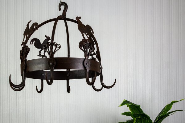 Wrought Iron and Metal Rooster Hanging Pot Rack-KEG-1086386