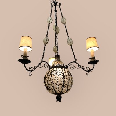 Wrought Iron and Murano Glass Chandelier, 1940s-JJC-1790392