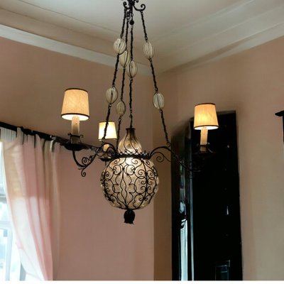 Wrought Iron and Murano Glass Chandelier, 1940s-JJC-1790392