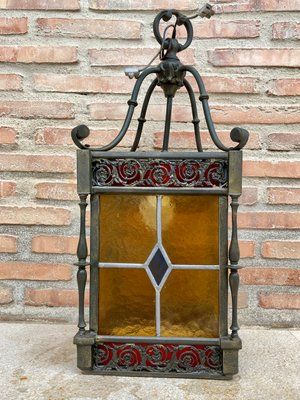 Wrought Iron and Stained Glass Ceiling Lantern Lamp , 1950s-NOU-848231