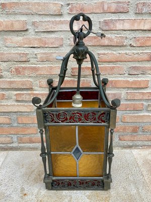 Wrought Iron and Stained Glass Ceiling Lantern Lamp , 1950s-NOU-848231