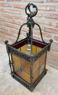 Wrought Iron and Stained Glass Ceiling Lantern Lamp , 1950s-NOU-848231