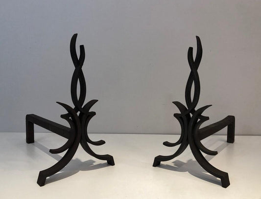 Wrought Iron Andirons by Raymond Subes, France, 1940s, Set of 2