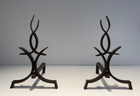 Wrought Iron Andirons from Raymond Subes, 1940s, Set of 2-BA-1786677