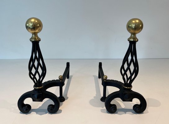 Wrought Iron & Brass Andirons, 1970s, Set of 2-BA-1784731