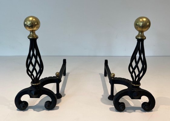 Wrought Iron & Brass Andirons, 1970s, Set of 2-BA-1784731