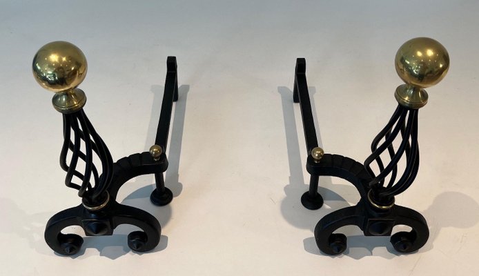 Wrought Iron & Brass Andirons, 1970s, Set of 2-BA-1784731