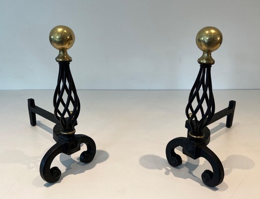 Wrought Iron & Brass Andirons, 1970s, Set of 2-BA-1784731