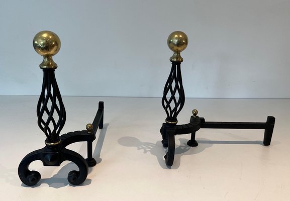 Wrought Iron & Brass Andirons, 1970s, Set of 2-BA-1784731