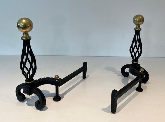 Wrought Iron & Brass Andirons, 1970s, Set of 2-BA-1784731