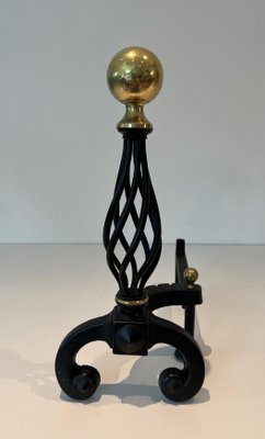 Wrought Iron & Brass Andirons, 1970s, Set of 2-BA-1784731