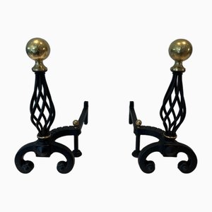 Wrought Iron & Brass Andirons, 1970s, Set of 2-BA-1784731