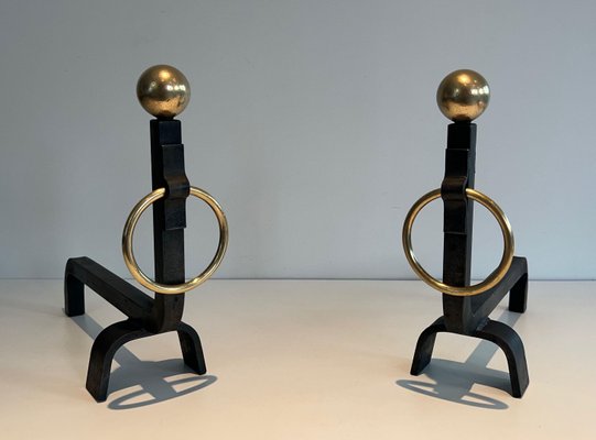 Wrought Iron & Brass Andirons in the style of Jacques Adnet, 1970s, Set of 2-BA-1784730