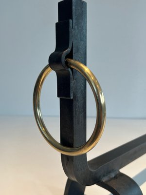 Wrought Iron & Brass Andirons in the style of Jacques Adnet, 1970s, Set of 2-BA-1784730