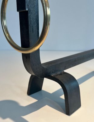 Wrought Iron & Brass Andirons in the style of Jacques Adnet, 1970s, Set of 2-BA-1784730