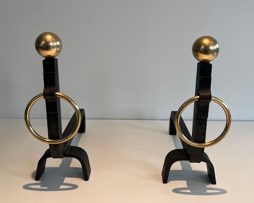 Wrought Iron & Brass Andirons in the style of Jacques Adnet, 1970s, Set of 2-BA-1784730