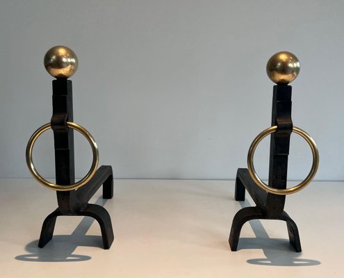 Wrought Iron & Brass Andirons in the style of Jacques Adnet, 1970s, Set of 2-BA-1784730