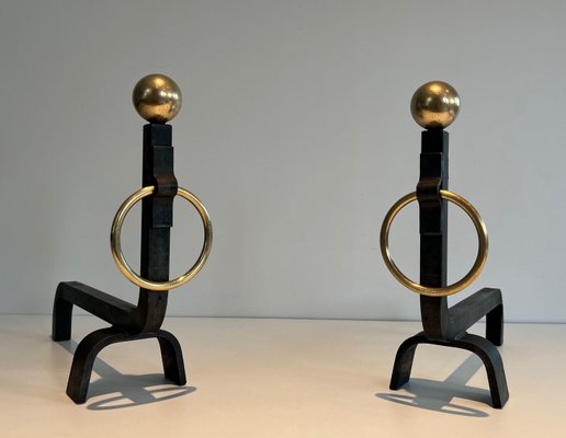 Wrought Iron & Brass Andirons in the style of Jacques Adnet, 1970s, Set of 2-BA-1784730