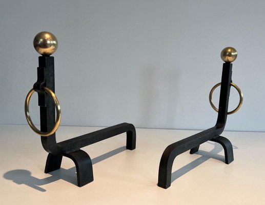 Wrought Iron & Brass Andirons in the style of Jacques Adnet, 1970s, Set of 2-BA-1784730