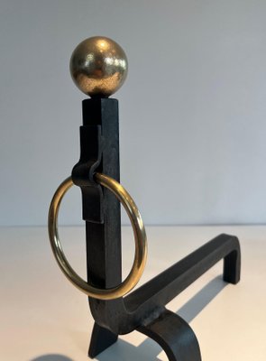 Wrought Iron & Brass Andirons in the style of Jacques Adnet, 1970s, Set of 2-BA-1784730