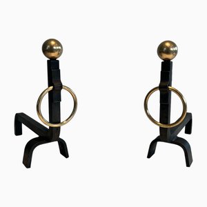 Wrought Iron & Brass Andirons in the style of Jacques Adnet, 1970s, Set of 2-BA-1784730