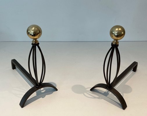 Wrought Iron & Brass Chenets, 1970s, Set of 2-BA-1776479