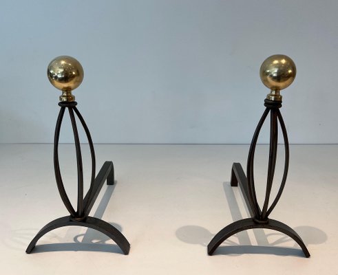 Wrought Iron & Brass Chenets, 1970s, Set of 2-BA-1776479