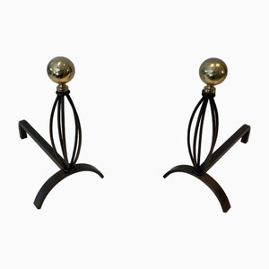 Wrought Iron & Brass Chenets, 1970s, Set of 2-BA-1776479