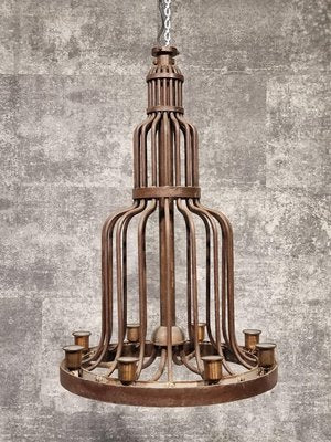 Wrought Iron Cage Chandelier, 1940s-NQV-1223657